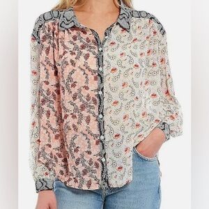 Free People Dani Mixed Paisley Print Button Blouse Light